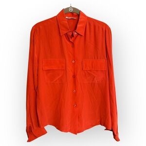 The Birds‎ Vintage Silk Blouse Shirt Womens Size 12 Orange Long Sleeve Pockets